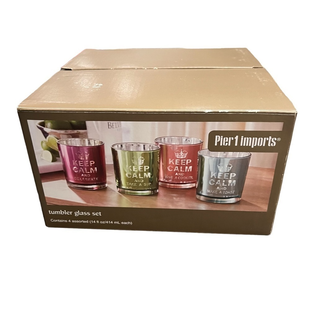 Pier 1 NOS Keep Calm Iridescent Keep Calm Tumblers Festive Fun